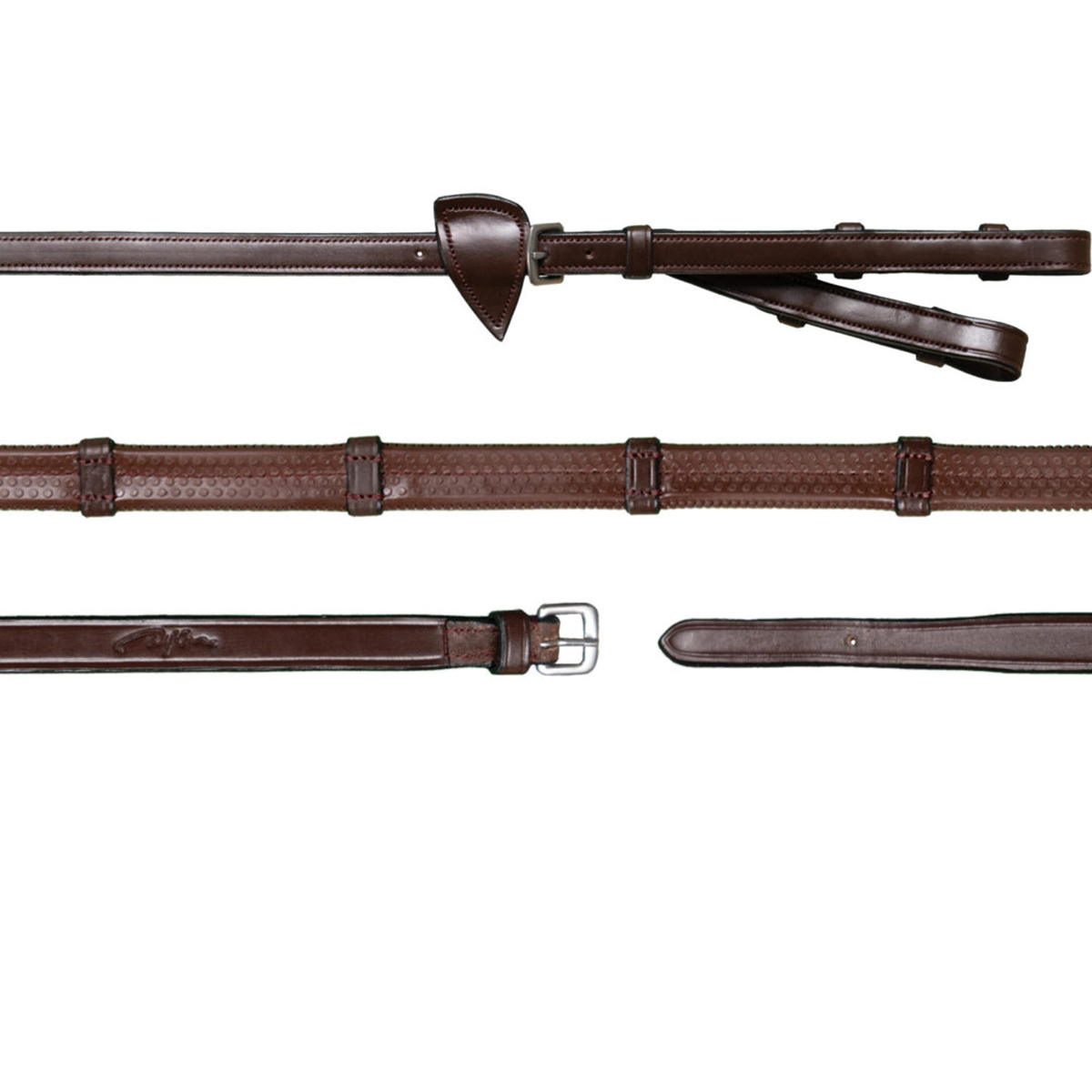 Dy on 1/2 Converter Rubber Reins With 7 Leather Loops - Brown - Maat Full